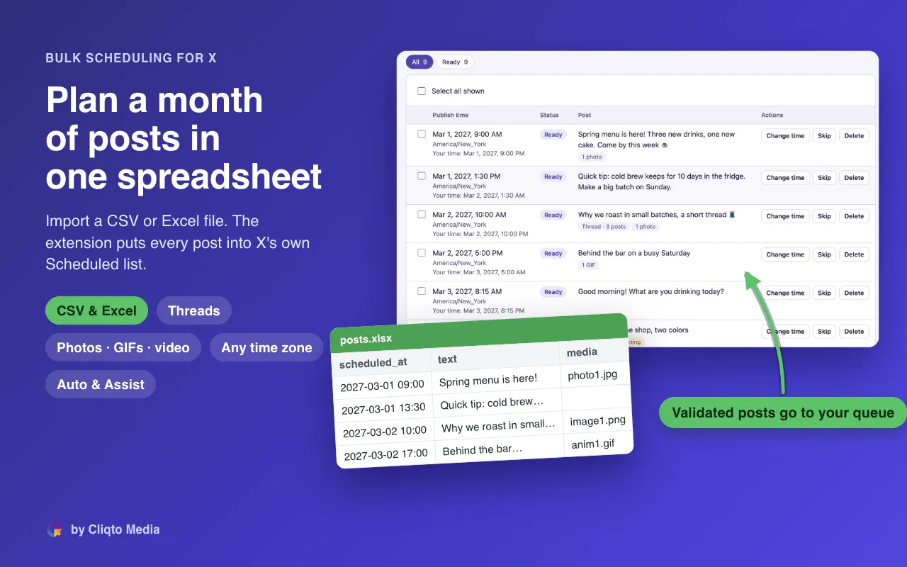 Bulk Post Scheduler for X: a spreadsheet of posts next to the extension&rsquo;s queue of scheduled posts